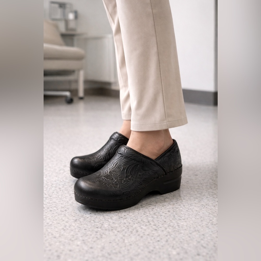 Dansko Black Embossed Leather Clogs